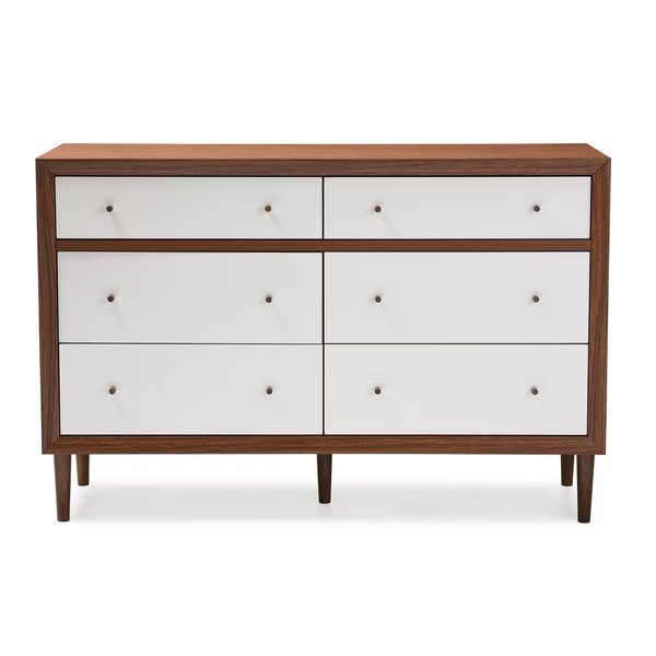 Harlow Mid-century Modern White and Walnut Wood 6-drawer Dresser, Baxton Studio, Mfr#: 121-6781